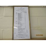 FRAMED 1865 DATED COPY OF A WINE PRICE LIST, WIDTH INC FRAME APPROX 31CM
