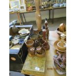 QUANTITY OF TREEN ITEMS INC TWO SMALL CARVED LAMPS, LETTER RACK, BOWLS ETC