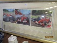 FRAMED MOTOR RACING/FORMULA 1 INTEREST PRINT AFTER TONY SMITH DEPICTING TRIO OF IMAGES OF MICHAEL