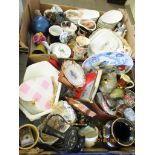 TWO BOXES OF HOUSEHOLD CLEARANCE ITEMS INCLUDING VARIOUS SAUCERS, PLATES ETC