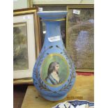 PARIS PORCELAIN STYLE BALUSTER VASE THE BLUE GROUND WITH A PANEL OF LADY PAINTED ON GREEN SURROUNDED