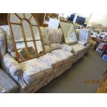FLORAL FOUR PIECE SUITE COMPRISING THREE SEATER SOFA, TWO SEATER SOFA, ARMCHAIR AND POUFFE, THE