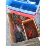 BOX CONTAINING VARIOUS PLASTIC CONTAINERS, OIL CAN ETC