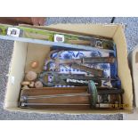 BOX CONTAINING VARIOUS VINTAGE TOOLS ETC