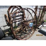 TWO VARIOUS SPOKED METAL WHEELS, EACH APPROX 52INS DIAM