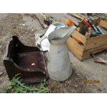 VINTAGE GALVANISED WATER JUG AND OTHER GARDEN SUNDRIES