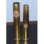 Two vintage shell cases, one applied with badge for The Royal Tank Regiment, the other the arms of