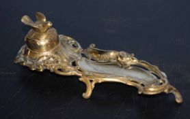 Unusual Art Nouveau style, probably French, gilt metal inkstand, the hinged inkwell cover formed