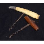 Plain treen handled corkscrew and a further bone handled corkscrew with silver mount