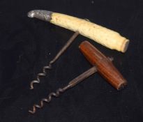 Plain treen handled corkscrew and a further bone handled corkscrew with silver mount