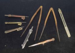 Box of various vintage compasses and dividers etc