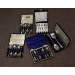 Collection of five various cased sets of silver plated cutlery including tea spoons, serving spoons,