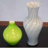 Murano vase with blue swirl pattern together with a lime green vase, both with Murano labels (2)