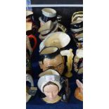 Group of five Royal Doulton character jugs including Anne Boleyn, Henry VIII, Jimmy Durante, and