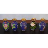 Group of five cloisonne vases, all decorated with flowers on a blue and gilt ground, 13cm high (5)