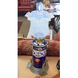 Ceramic cylindrical shaped oil lamp with glass shade