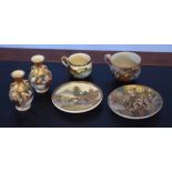 Satsuma cup and saucer, further Satsuma decorated with sages and a pair of vases with similar