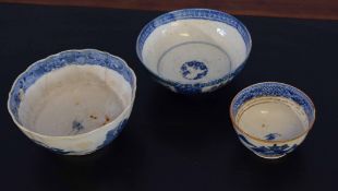 Group of three blue and white bowls, one English and two Oriental (3)