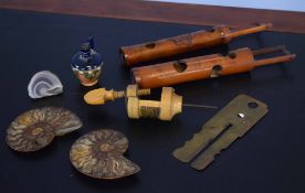 Mauchline ware table clamp with a view of Chatsworth Italian Garden, together with two carved