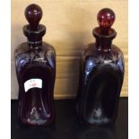 Pair of Bohemian style lobed decanters with ball stoppers with gilt designs (2), 23cm high