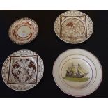 Small Davenport creamware plate with pierced rim and armorial to the centre, together with two