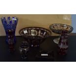 Group of glass wares decorated in Bohemian style, comprising a larger bowl, a tazza, cut glass