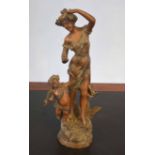 Late 19th/early 20th century French spelter group, dancing female and cupid, 41cm high