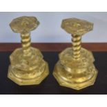 Pair of unusual brass octagonal and twisted stem large altar candlesticks, 24cm high