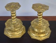 Pair of unusual brass octagonal and twisted stem large altar candlesticks, 24cm high