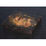 Vintage lacquered box with fitted interior, the lid decorated with a scene of Bacchanalian putti,