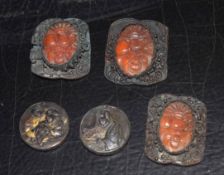 Small box containing five various Oriental plaques includes two antimony examples, which are both