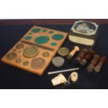 Vintage tin containing various treen handled brass stamps all named with Norfolk villages: Hales,