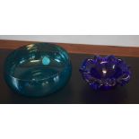 Blue Murano heavy dish and a blue/green bowl with "Made in Finland" sticker