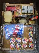 Two trays containing paint pots and household sundries etc