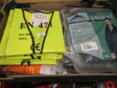 Tray containing harbour lights hi-vis, portwest jacket etc