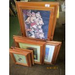 Five various pine framed pictures