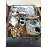 Two trays containing Denby china wares, limited edition Bradford Exchange china etc