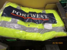 Tray containing three hi-vis jackets by Portwest