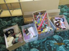 Three boxes of various thread and yarns, and other craft wares