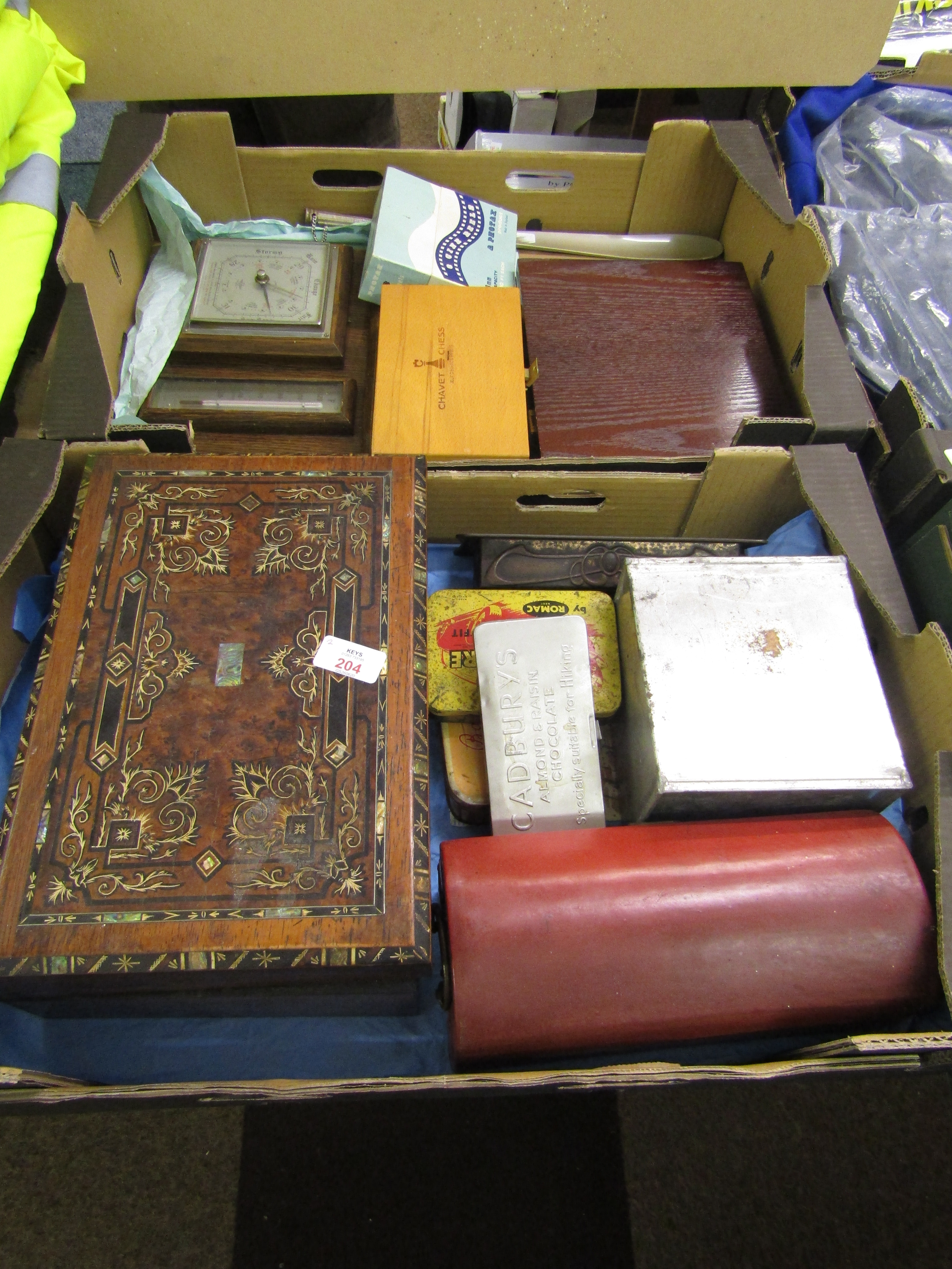 Two trays containing various, old tins, display boxes plus inlaid example