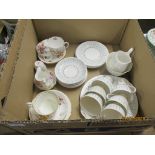 LARGE BOX QUEEN ANNE “CAPRICE” PART TEA SERVICE, ROYAL ALBERT AND ROYAL CROWN DERBY TEA CUPS AND