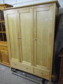 GOOD QUALITY MODERN PINE TRIPLE DOOR WARDROBE WITH TWO FULL WIDTH DRAWER TO BASE WITH CHROME