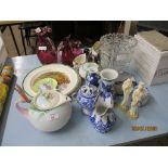 CRANBERRY GLASS WARES, BLUE AND WHITE WARES, ORIENTAL ITEMS, DECORATIVE WARES ETC
