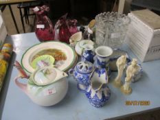 CRANBERRY GLASS WARES, BLUE AND WHITE WARES, ORIENTAL ITEMS, DECORATIVE WARES ETC