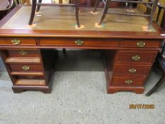 REPRODUCTION TWIN PEDESTAL DESK WITH BROWN LEATHER AND GILDED INSERT, 150CM WIDE