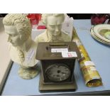 EARLY 20TH CENTURY CARRIAGE CLOCK AND TWO COMPOSITION BUSTS