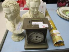 EARLY 20TH CENTURY CARRIAGE CLOCK AND TWO COMPOSITION BUSTS