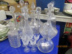 VARIOUS GLASS DECANTERS AND TALL STEMMED PORT GLASSES