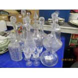 VARIOUS GLASS DECANTERS AND TALL STEMMED PORT GLASSES