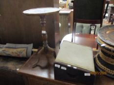 UPHOLSTERED FOOT STOOL AND A REPRODUCTION WINE TABLE